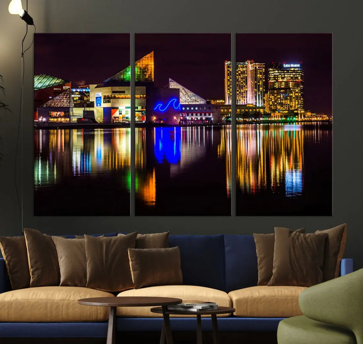 Baltimore Night City Lights Reflection Downtown Skyline Wall Art Canvas Print