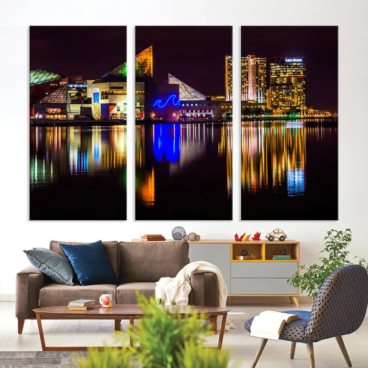 Baltimore Night City Lights Reflection Downtown Skyline Wall Art Canvas Print