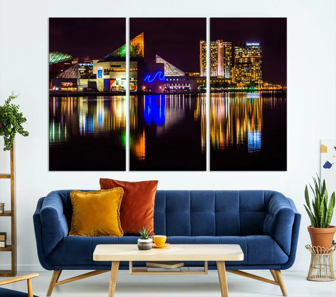 Baltimore Night City Lights Reflection Downtown Skyline Wall Art Canvas Print