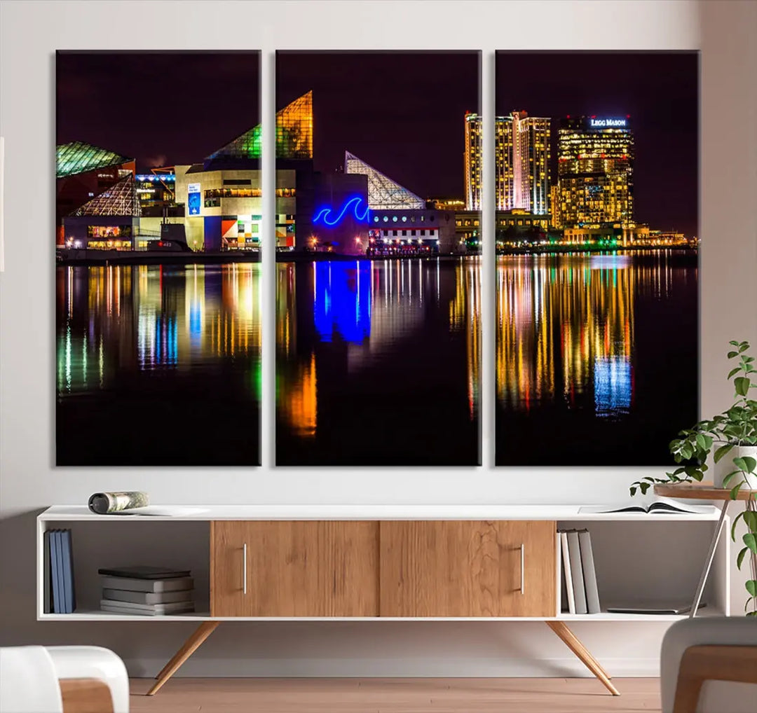 Baltimore Night City Lights Reflection Downtown Skyline Wall Art Canvas Print