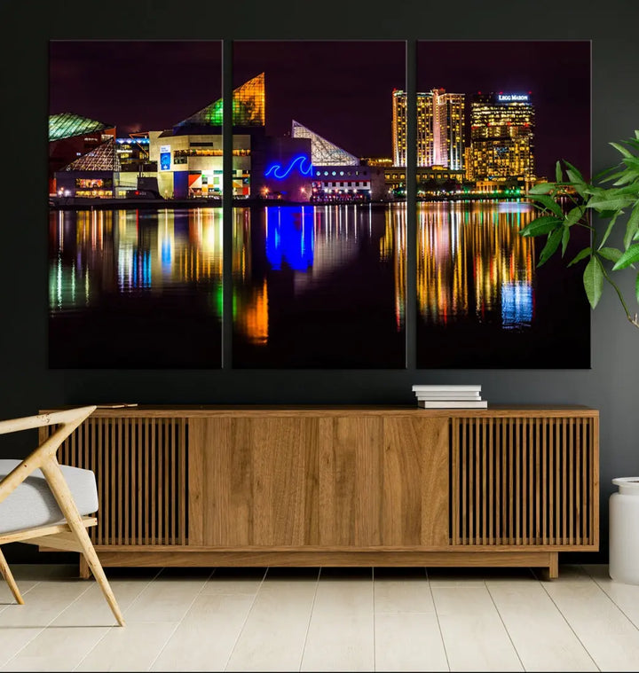 Baltimore Night City Lights Reflection Downtown Skyline Wall Art Canvas Print