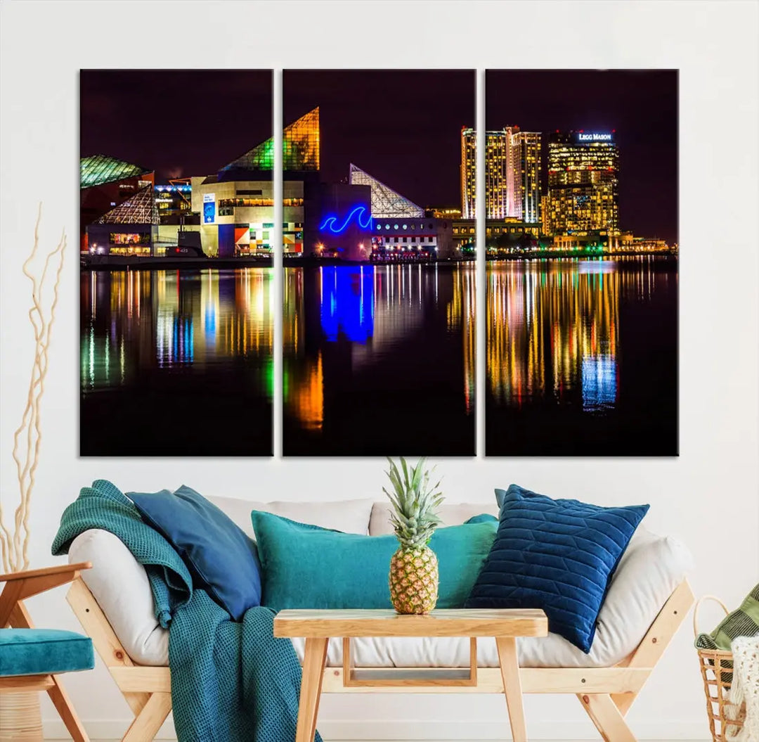 Baltimore Night City Lights Reflection Downtown Skyline Wall Art Canvas Print