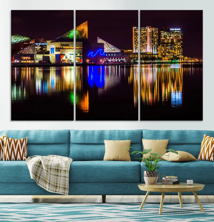 Baltimore Night City Lights Reflection Downtown Skyline Wall Art Canvas Print