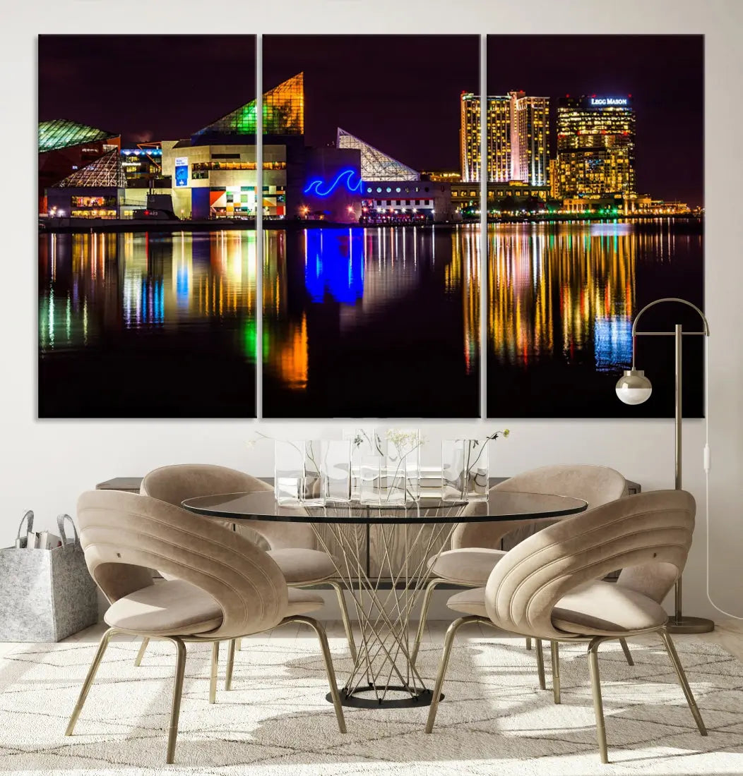 Baltimore Night City Lights Reflection Downtown Skyline Wall Art Canvas Print