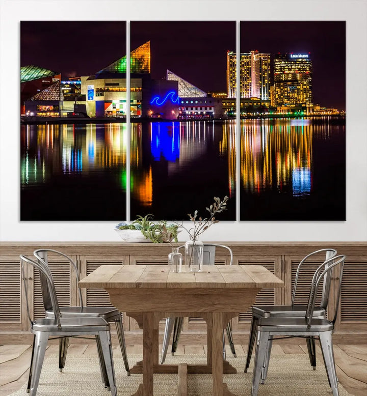 Baltimore Night City Lights Reflection Downtown Skyline Wall Art Canvas Print