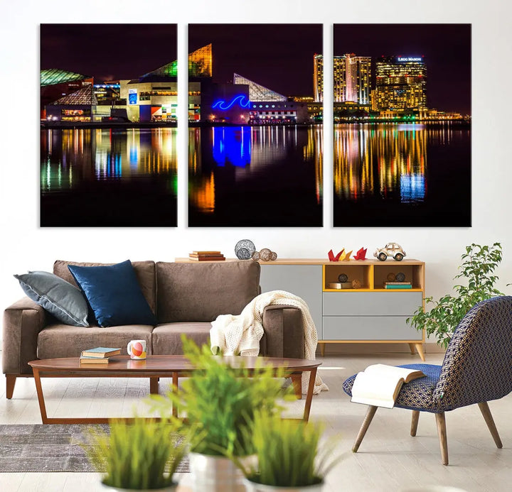 Baltimore Night City Lights Reflection Downtown Skyline Wall Art Canvas Print