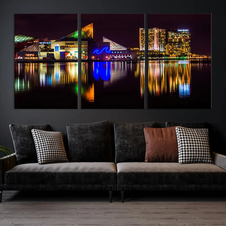 Baltimore Night City Lights Reflection Downtown Skyline Wall Art Canvas Print