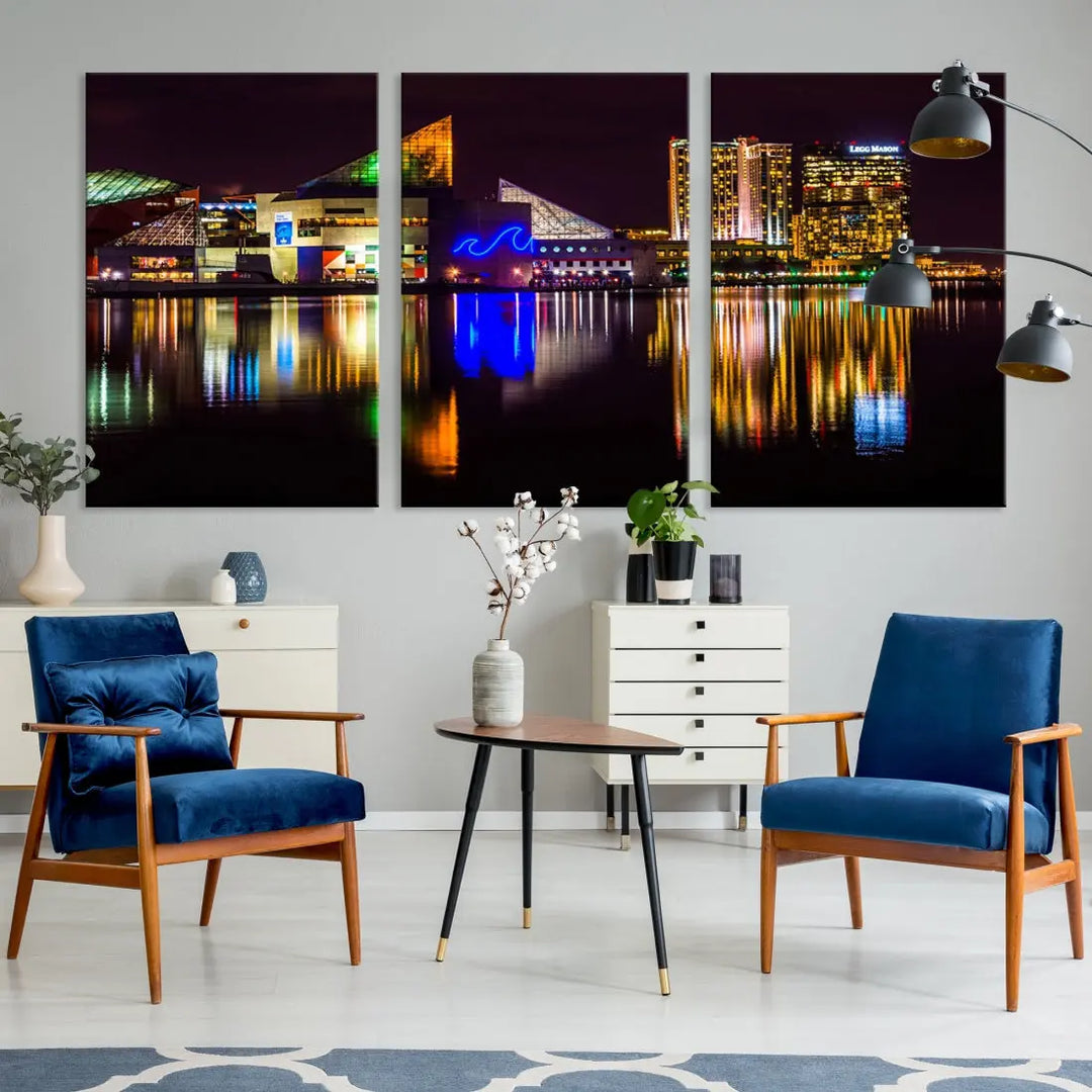 Baltimore Night City Lights Reflection Downtown Skyline Wall Art Canvas Print