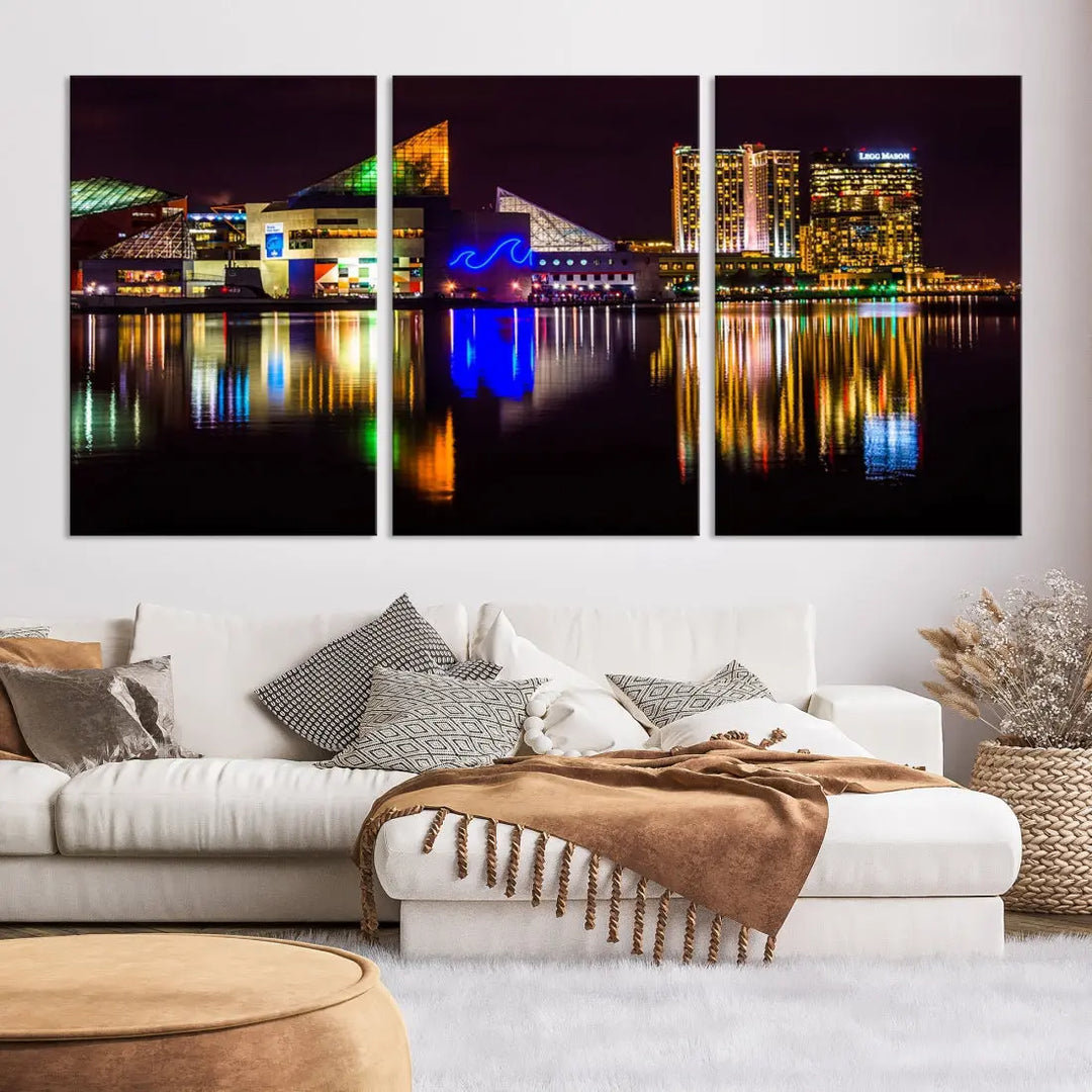 Baltimore Night City Lights Reflection Downtown Skyline Wall Art Canvas Print