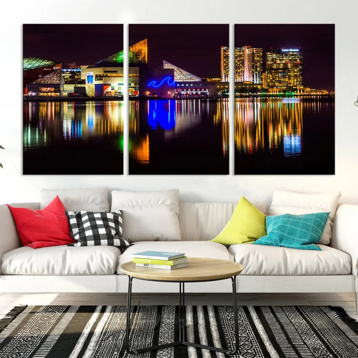 Baltimore Night City Lights Reflection Downtown Skyline Wall Art Canvas Print