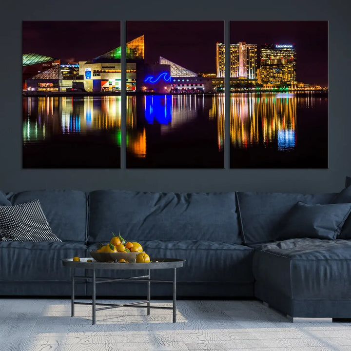 Baltimore Night City Lights Reflection Downtown Skyline Wall Art Canvas Print