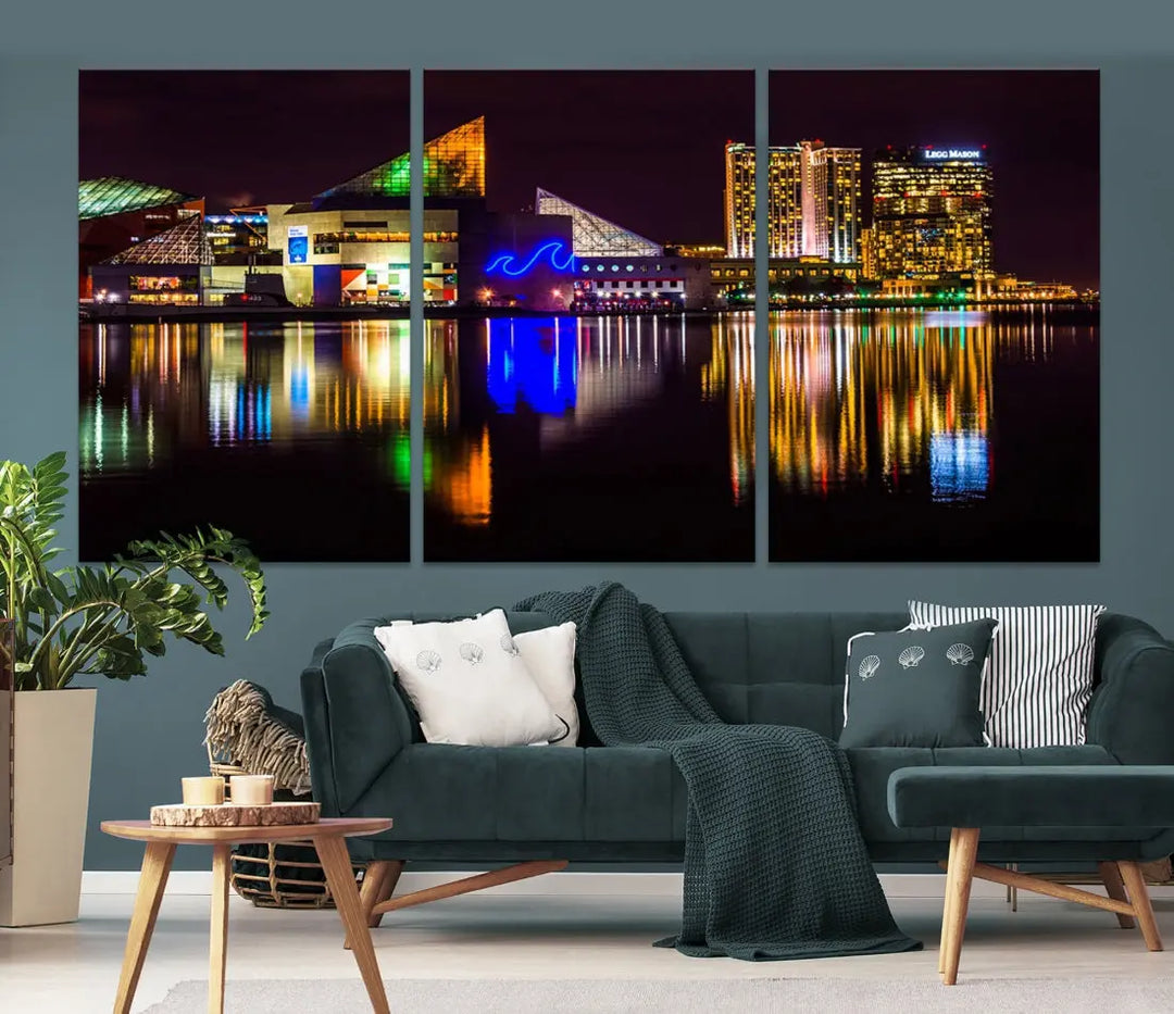 Baltimore Night City Lights Reflection Downtown Skyline Wall Art Canvas Print