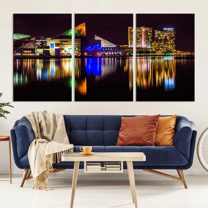 Baltimore Night City Lights Reflection Downtown Skyline Wall Art Canvas Print