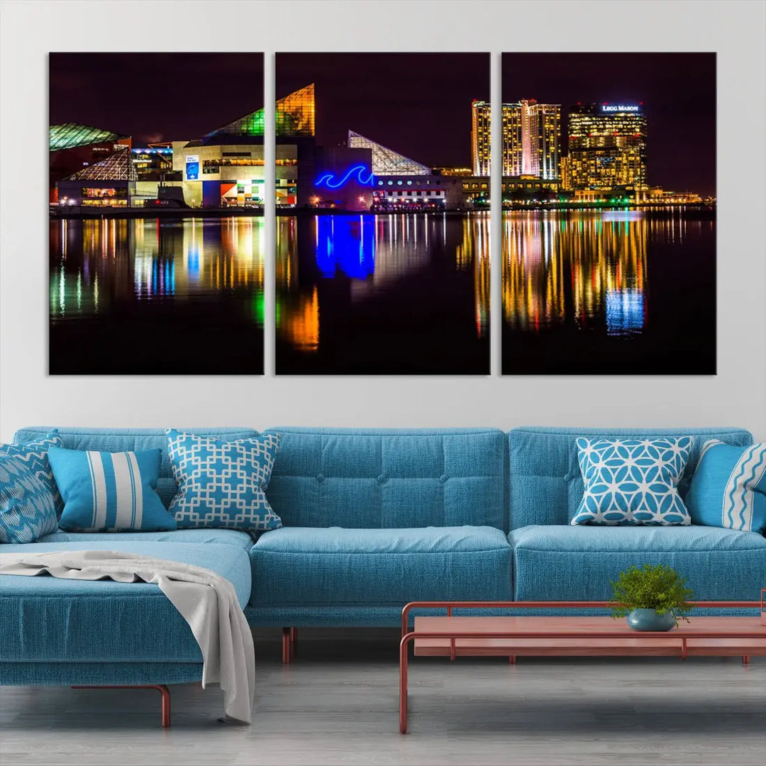 Baltimore Night City Lights Reflection Downtown Skyline Wall Art Canvas Print