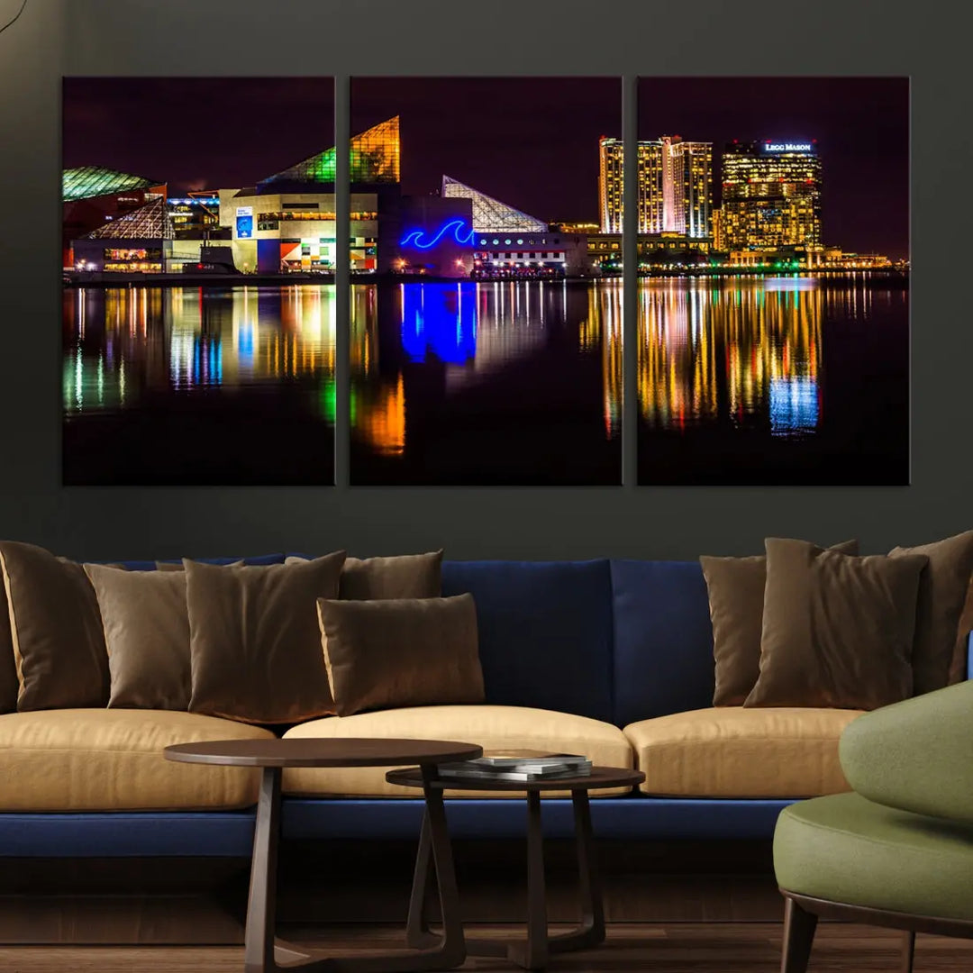 Baltimore Night City Lights Reflection Downtown Skyline Wall Art Canvas Print