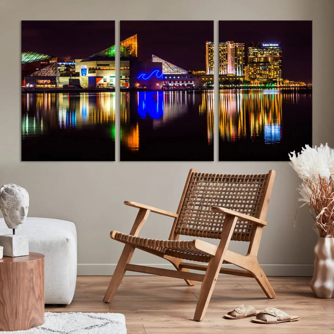 Baltimore Night City Lights Reflection Downtown Skyline Wall Art Canvas Print