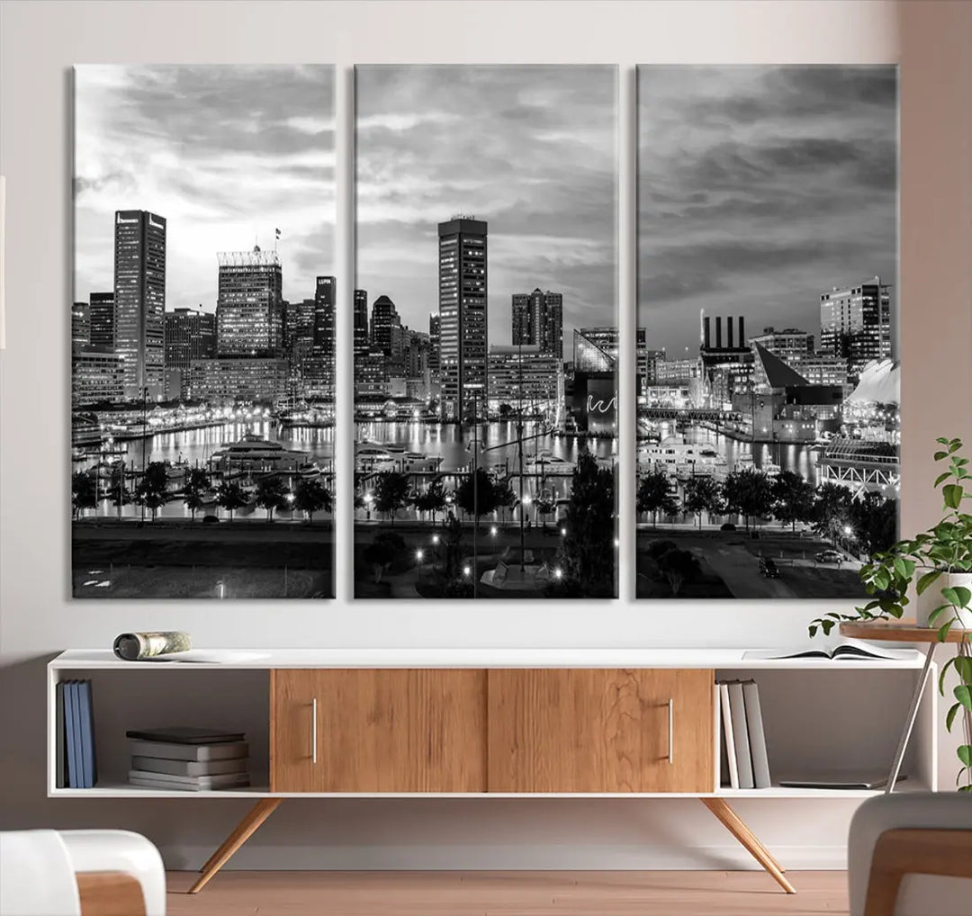 Baltimore Skyline Canvas Print Black and White Cityscape Wall Art Framed