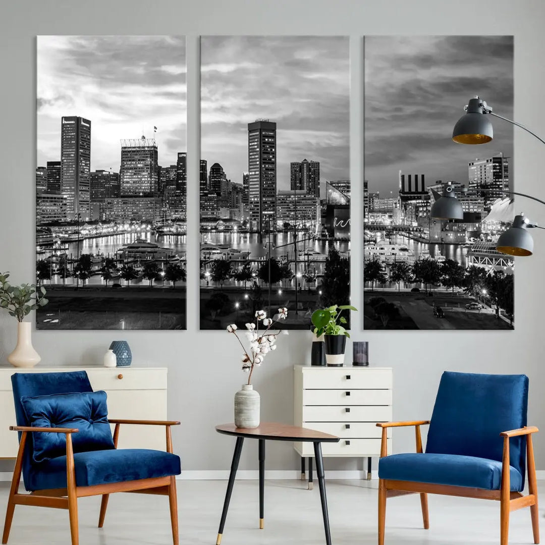 Baltimore Skyline Canvas Print Black and White Cityscape Wall Art Framed