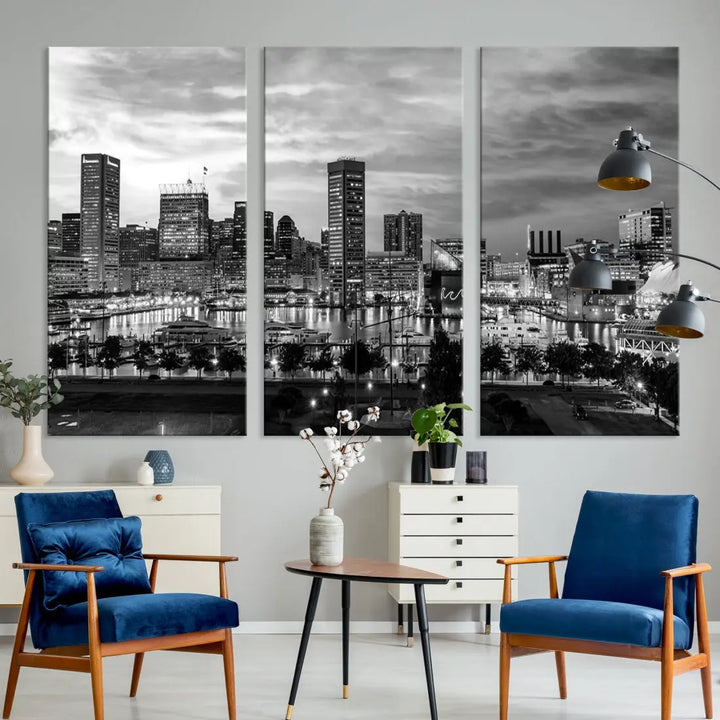 Baltimore Skyline Canvas Print Black and White Cityscape Wall Art Framed