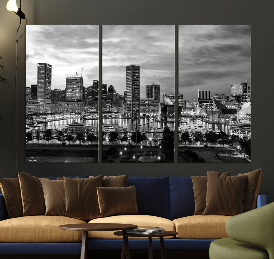 Baltimore Skyline Canvas Print Black and White Cityscape Wall Art Framed