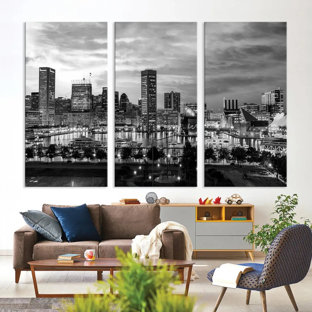 Baltimore Skyline Canvas Print Black and White Cityscape Wall Art Framed