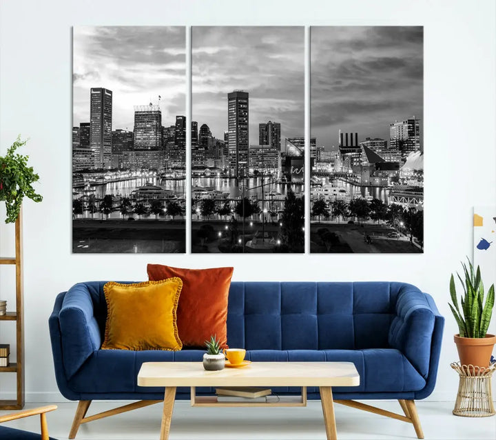 Baltimore Skyline Canvas Print Black and White Cityscape Wall Art Framed