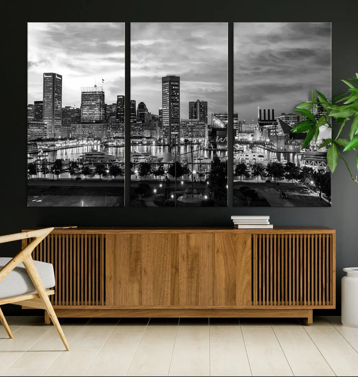 Baltimore Skyline Canvas Print Black and White Cityscape Wall Art Framed