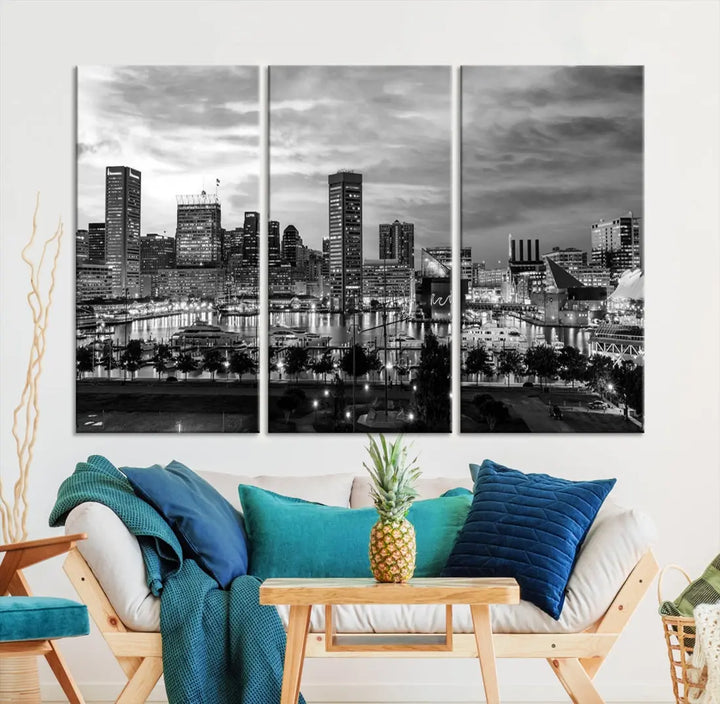 Baltimore Skyline Canvas Print Black and White Cityscape Wall Art Framed