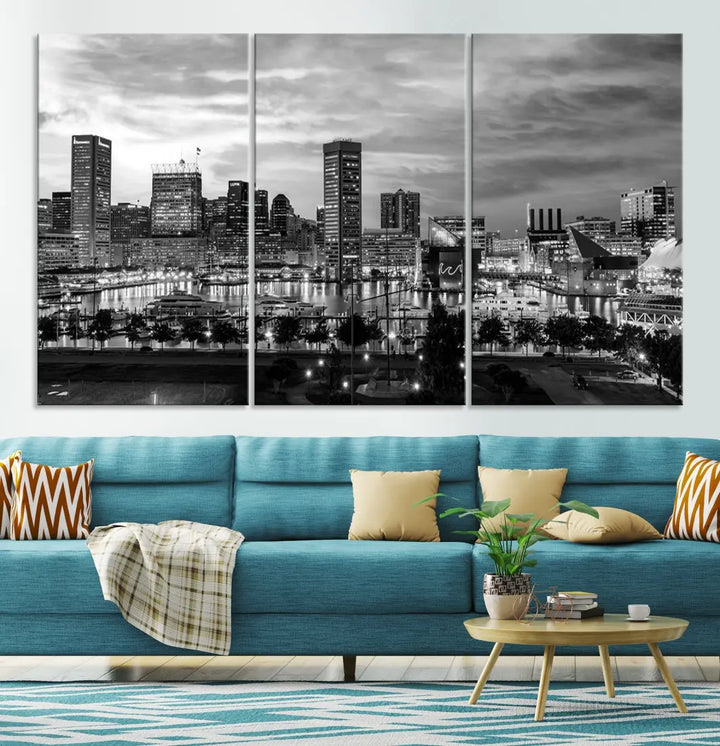 Baltimore Skyline Canvas Print Black and White Cityscape Wall Art Framed