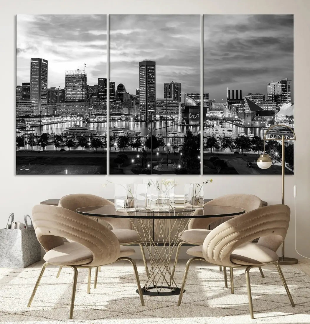 Baltimore Skyline Canvas Print Black and White Cityscape Wall Art Framed