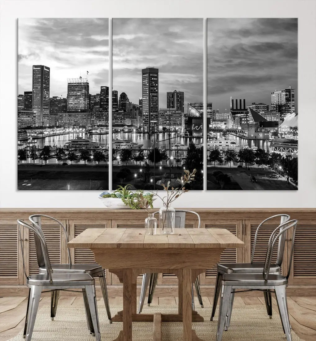 Baltimore Skyline Canvas Print Black and White Cityscape Wall Art Framed