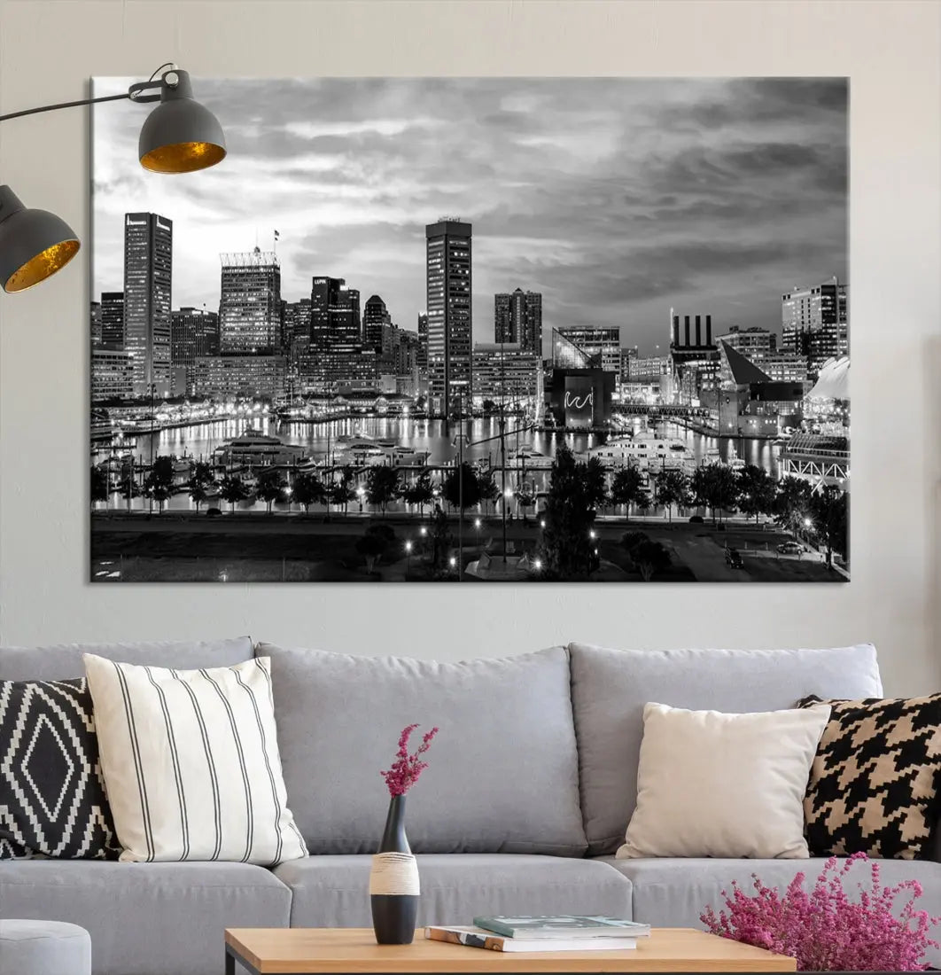 Baltimore Skyline Canvas Print Black and White Cityscape Wall Art Framed