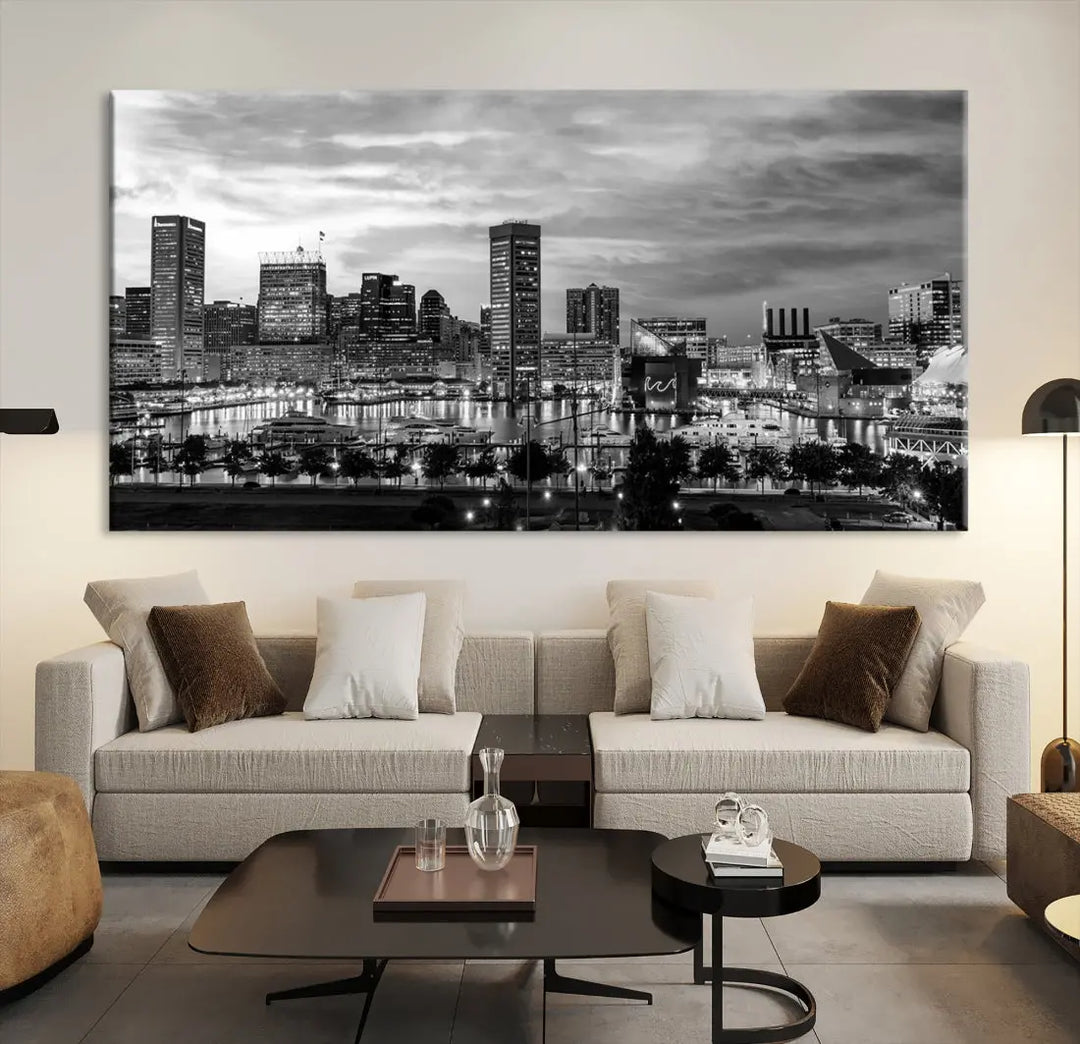 Baltimore Skyline Canvas Print Black and White Cityscape Wall Art Framed