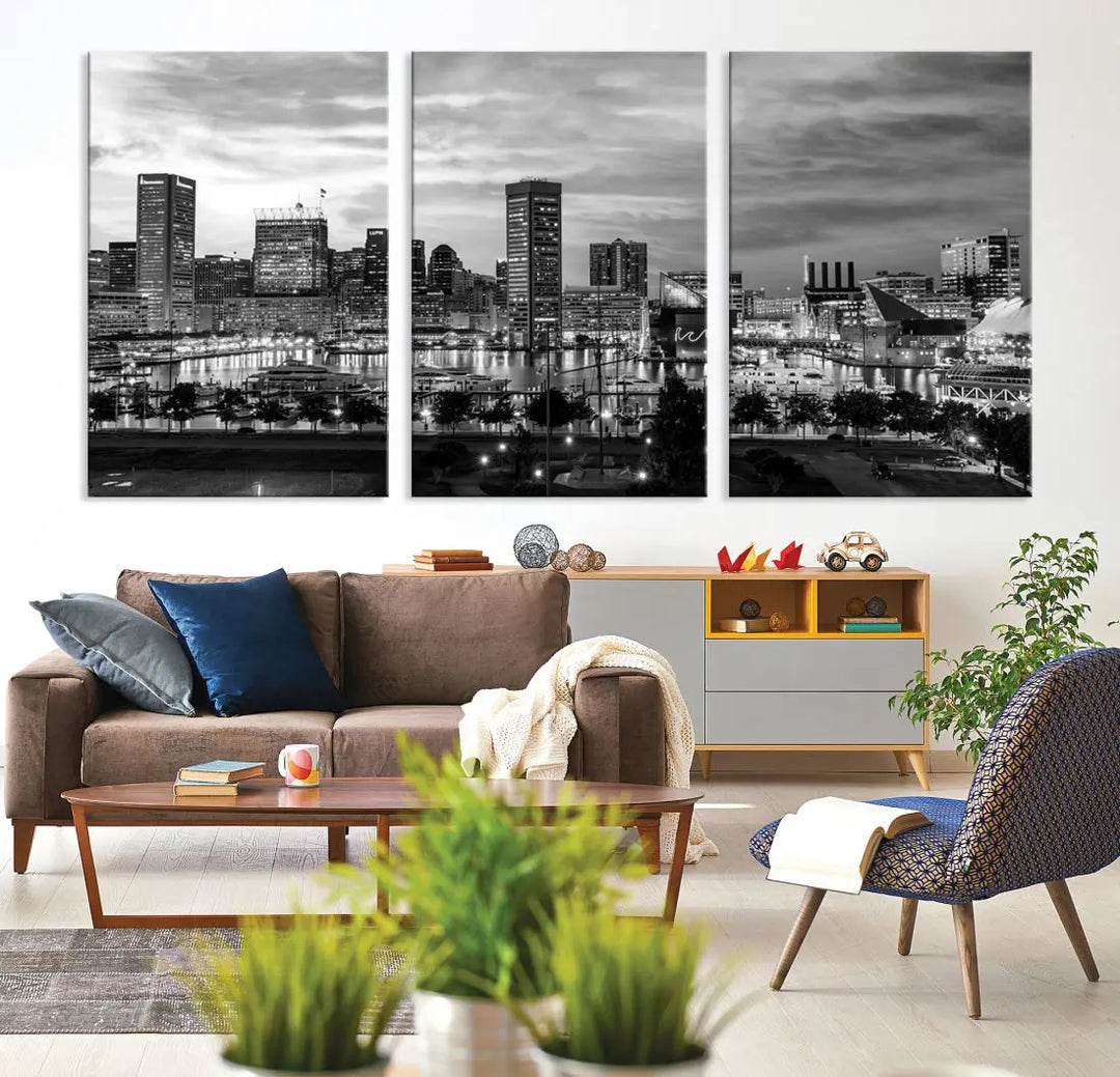 Baltimore Skyline Canvas Print Black and White Cityscape Wall Art Framed