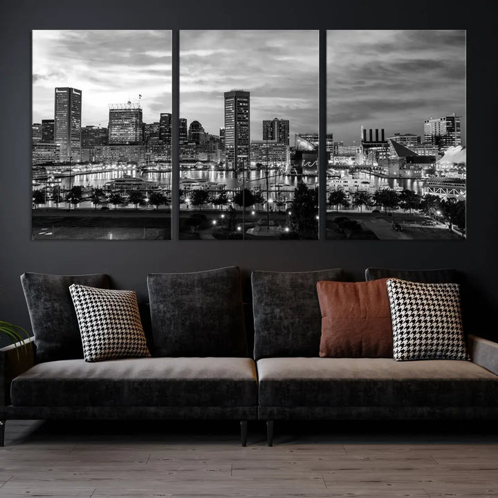 Baltimore Skyline Canvas Print Black and White Cityscape Wall Art Framed