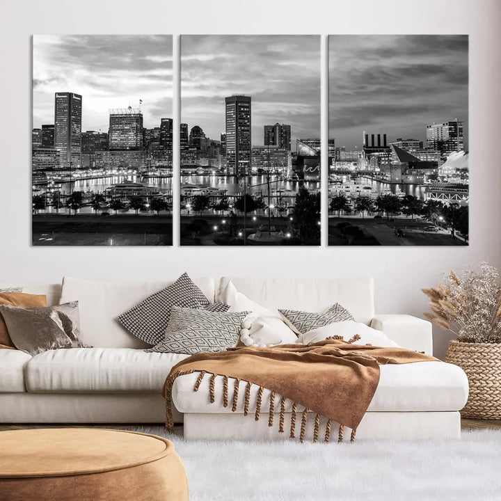 Baltimore Skyline Canvas Print Black and White Cityscape Wall Art Framed