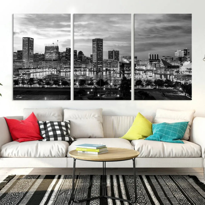 Baltimore Skyline Canvas Print Black and White Cityscape Wall Art Framed