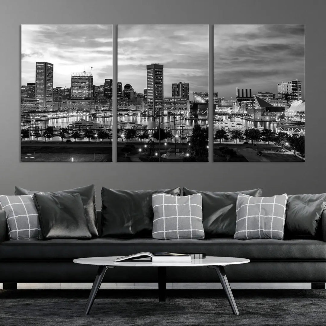 Baltimore Skyline Canvas Print Black and White Cityscape Wall Art Framed