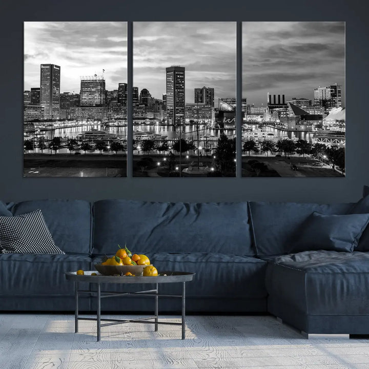 Baltimore Skyline Canvas Print Black and White Cityscape Wall Art Framed