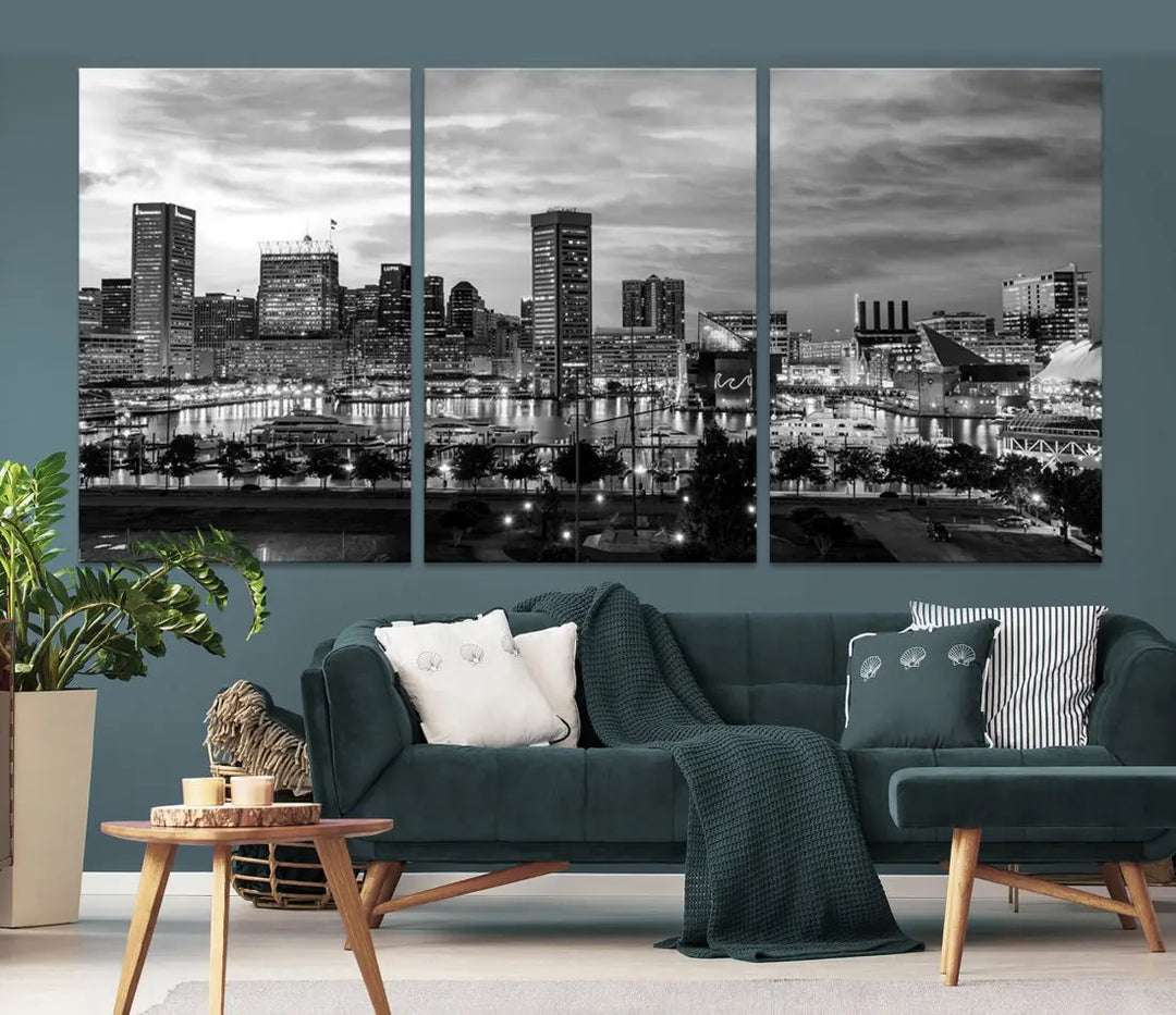 Baltimore Skyline Canvas Print Black and White Cityscape Wall Art Framed