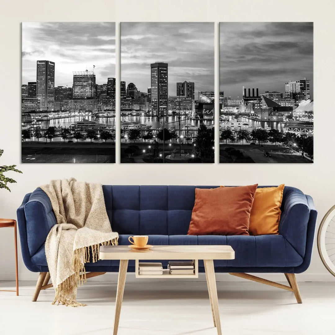 Baltimore Skyline Canvas Print Black and White Cityscape Wall Art Framed