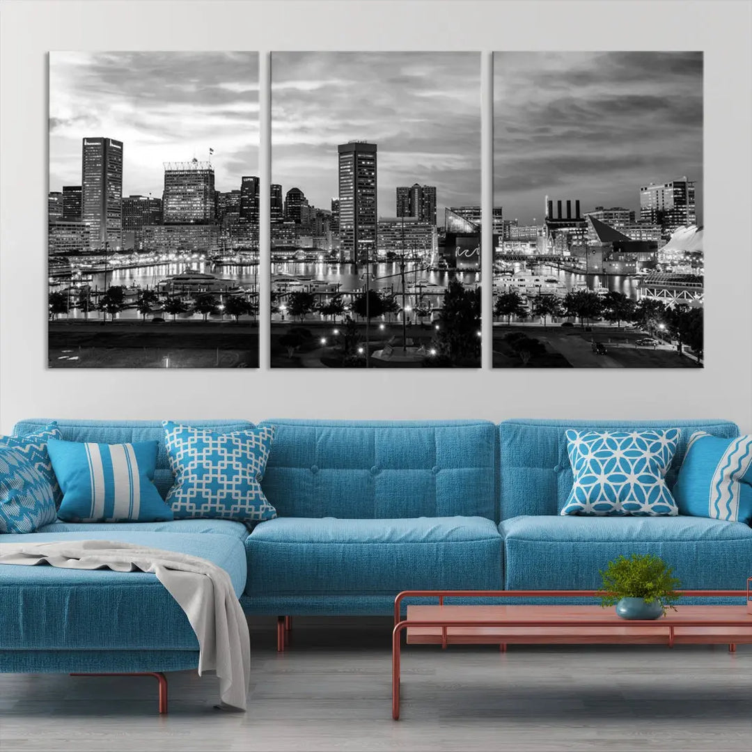 Baltimore Skyline Canvas Print Black and White Cityscape Wall Art Framed