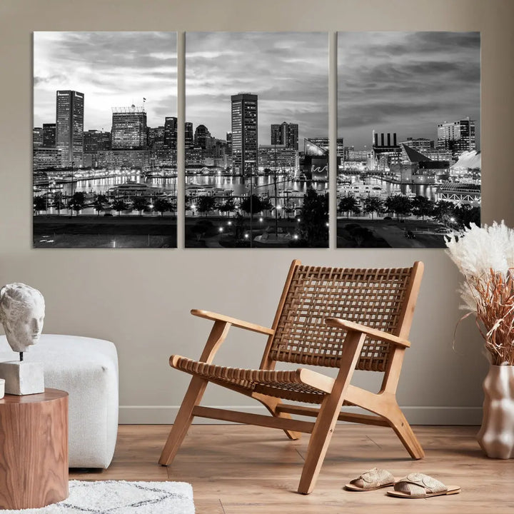 Baltimore Skyline Canvas Print Black and White Cityscape Wall Art Framed