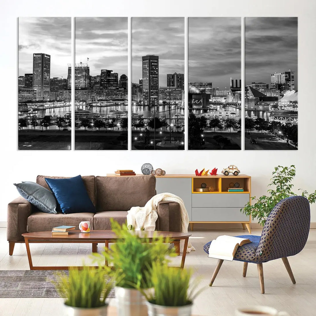 Baltimore Skyline Canvas Print Black and White Cityscape Wall Art Framed