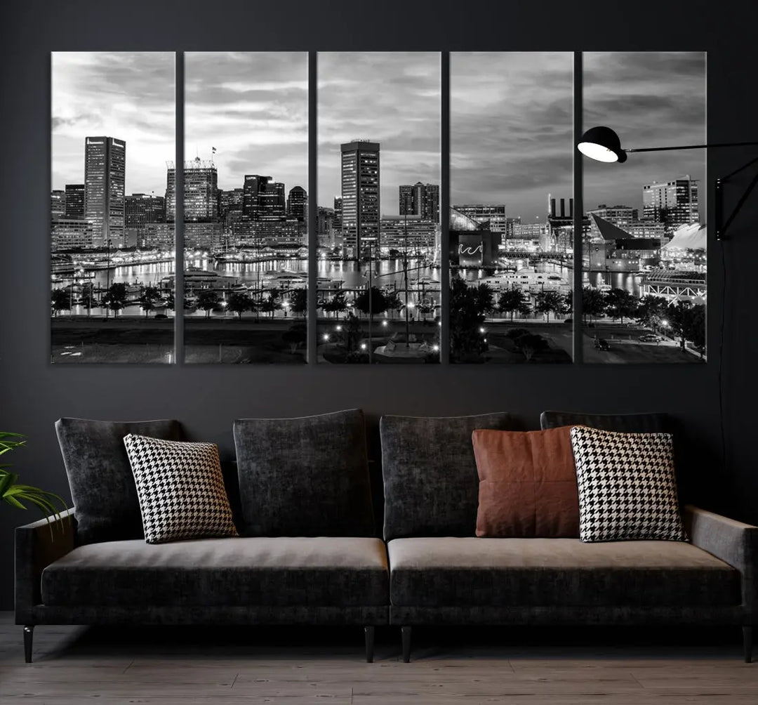 Baltimore Skyline Canvas Print Black and White Cityscape Wall Art Framed