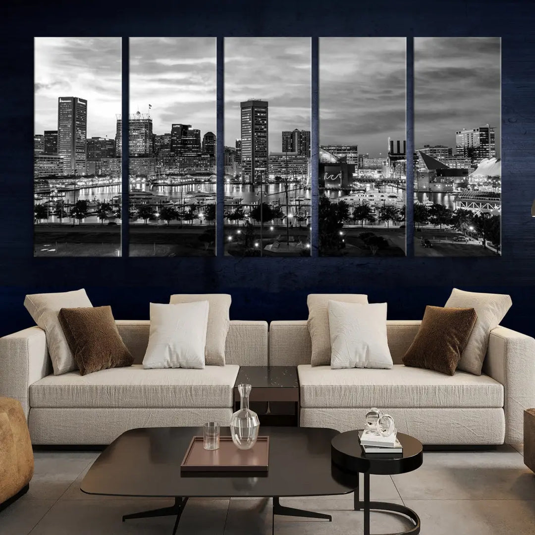 Baltimore Skyline Canvas Print Black and White Cityscape Wall Art Framed