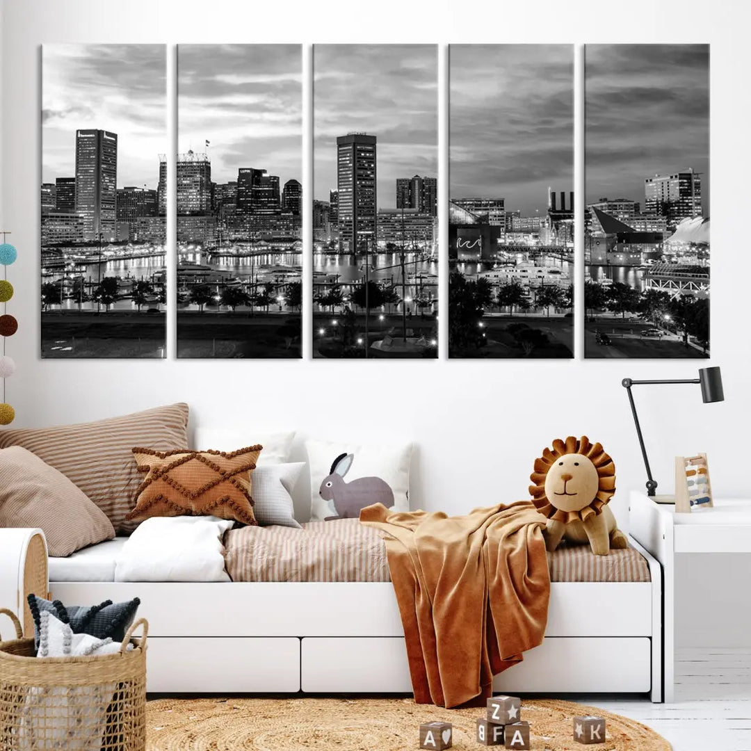 Baltimore Skyline Canvas Print Black and White Cityscape Wall Art Framed