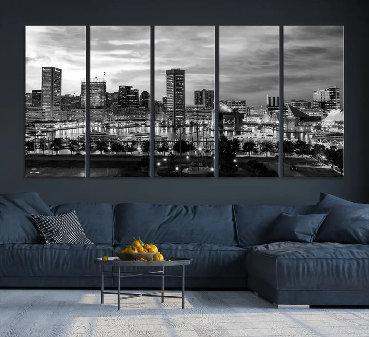 Baltimore Skyline Canvas Print Black and White Cityscape Wall Art Framed