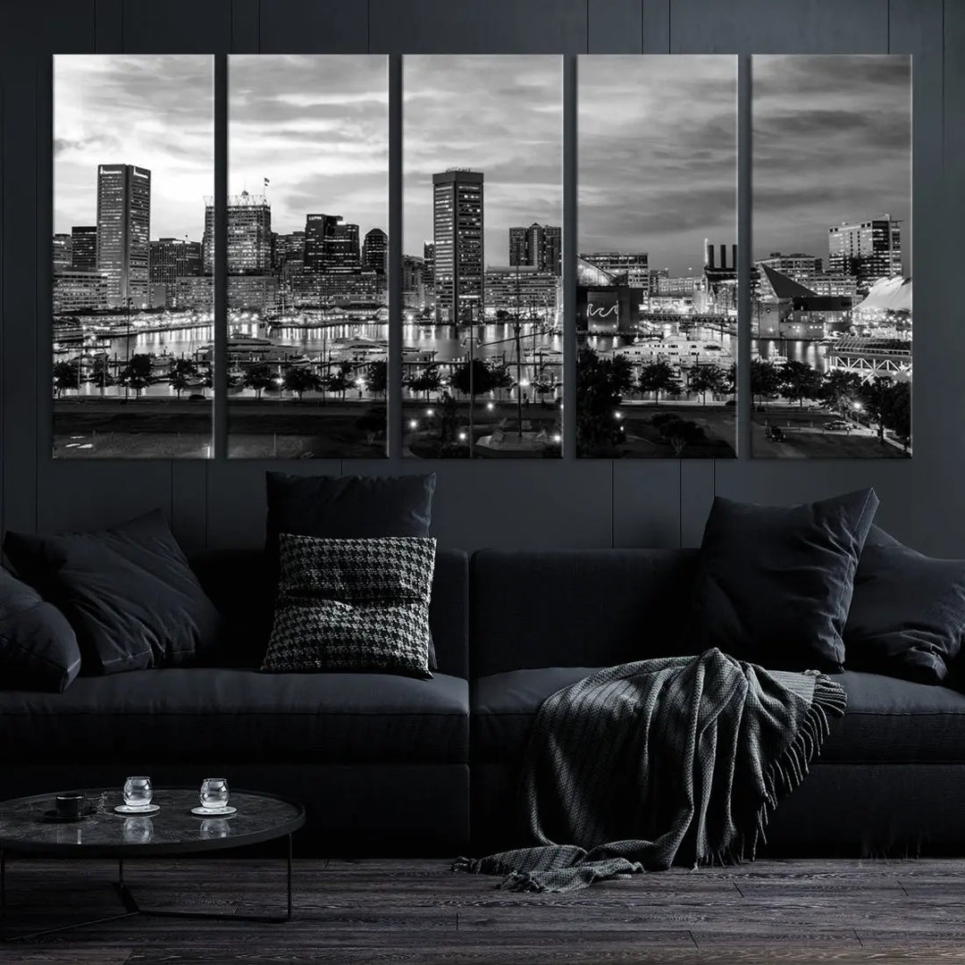 Baltimore Skyline Canvas Print Black and White Cityscape Wall Art Framed