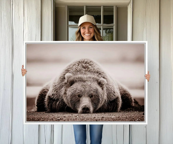 Bear Wall Art Print - Grizzly Bear Canvas Wall Art - Rustic Bear Portrait Canvas Print for Cabin Wall Decor and Nature-Inspired Spaces